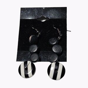 Retro Black White Striped Disc Drop Earrings Statement Evening Fashion Jewelry